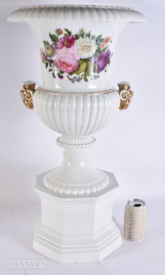 A LARGE 19TH CENTURY EUROPEAN PORCELAIN TWIN HANDLED PEDESTAL VASE painted with floral sprays. 64 cm (1 of 6)