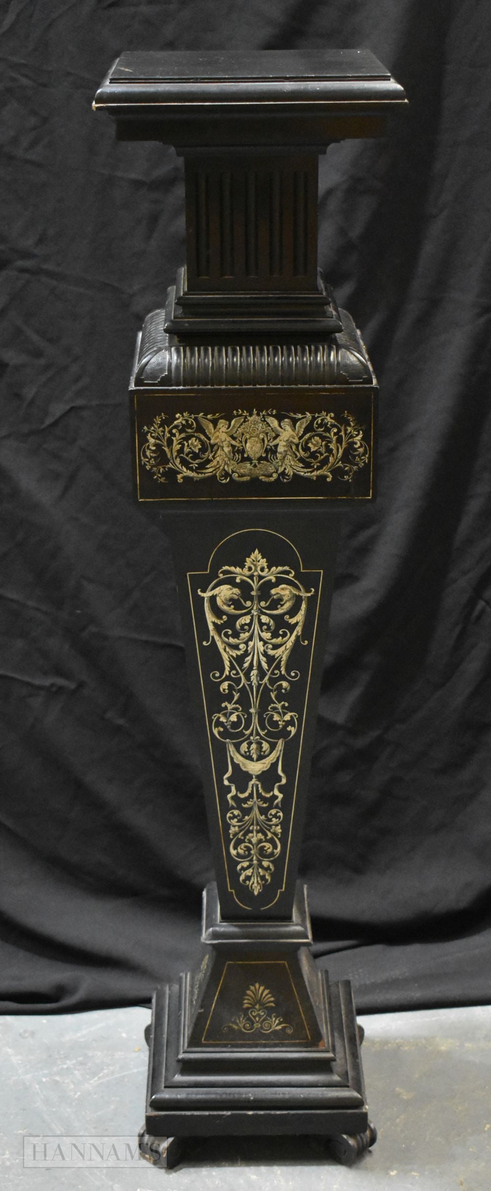 A MID 19TH CENTURY EUROPEAN EBONISED PEDESTAL inlaid with foliage and motifs. 114 cm x 27 cm. (1 of 6)