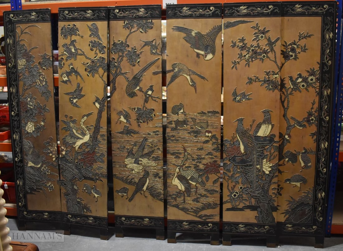 A 19TH CENTURY CHINESE CARVED AND LACQUERED WOOD SCREEN bearing Tongzhi inscription, decorated with (1 of 20)