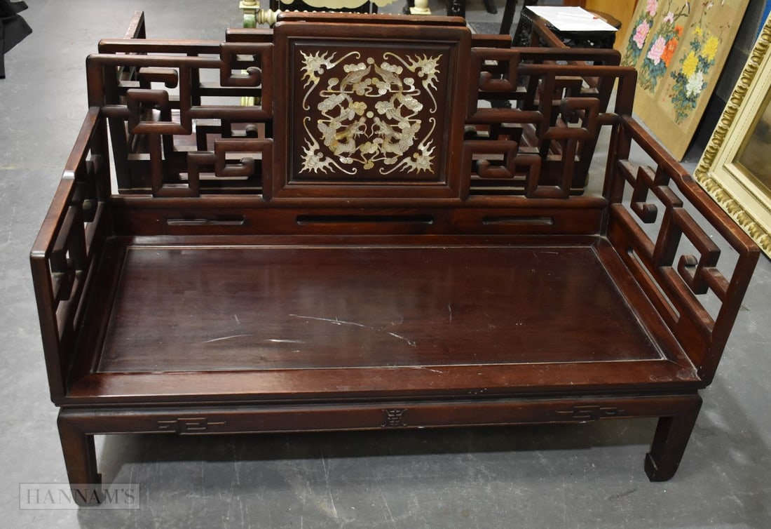 A PAIR OF EARLY 20TH CENTURY CHINESE HARDWOOD MOTHER OF PEARL INLAID DRAGON BENCHES Late Qing/Republ (1 of 10)