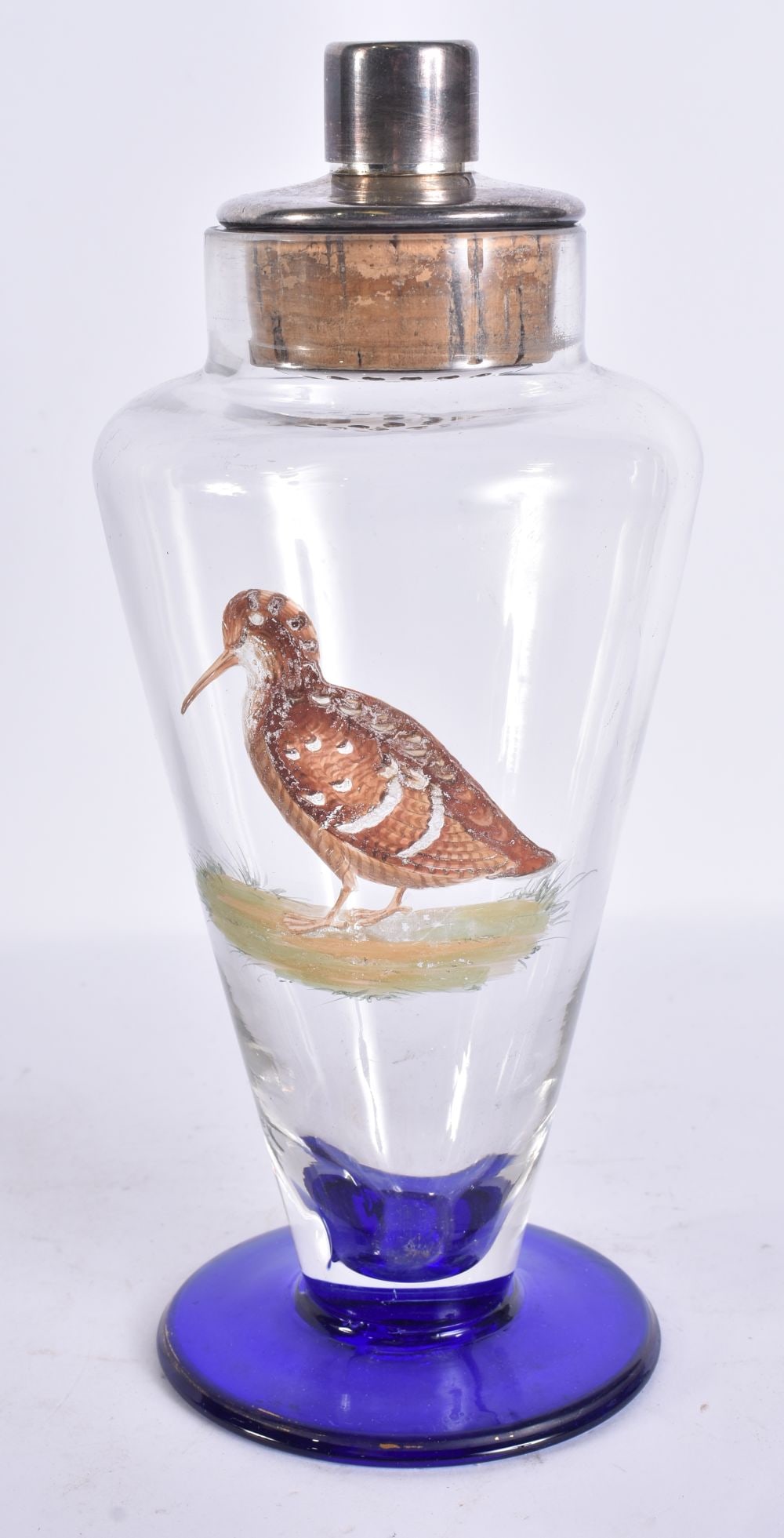 A VINTAGE ENAMELLED GLASS GAME BIRD COCKTAIL SHAKER. 25 cm high. (1 of 5)