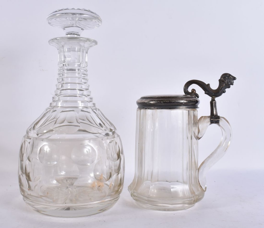 AN ANTIQUE GLASS DECANTER together with a glass stein. Largest 26 cm high. (2) (1 of 7)