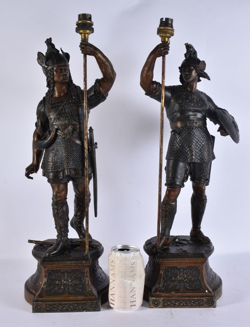 A PAIR OF VICTORIAN SPELTER FIGURAL LAMPS. 53 cm high. (1 of 4)