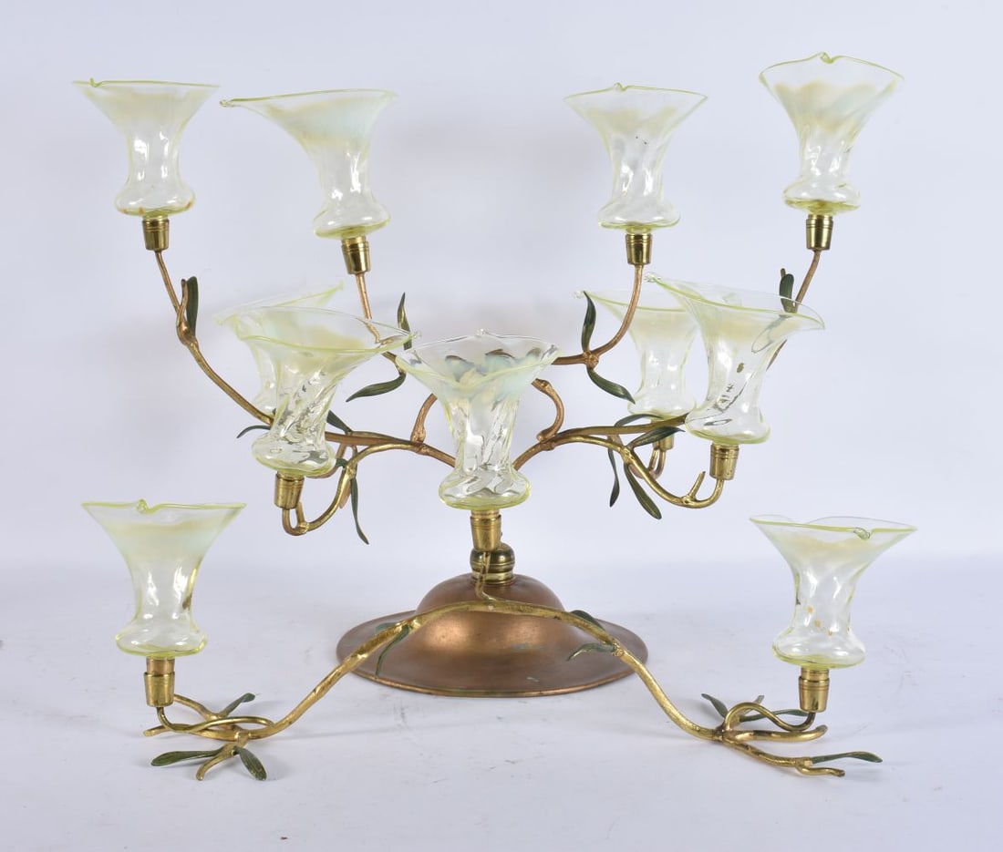 AN ART NOUVEAU VASELINE GLASS EPERGNE together with a matching smaller epergne. Largest 44 cm x 35 c (1 of 6)