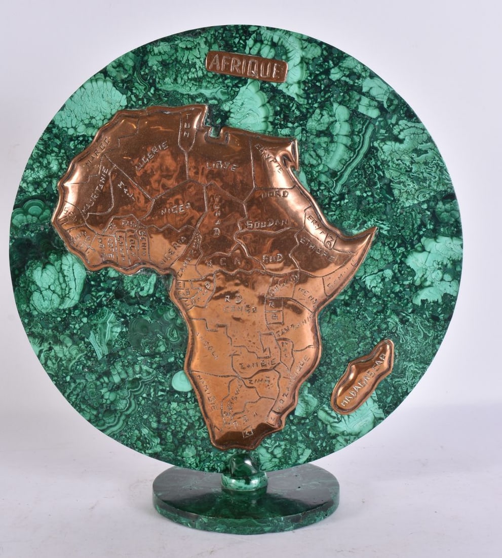 A STYLISH MALACHITE AND COPPER REPOUSSE MAP OF AFRICA. 28 cm x 24 cm. (1 of 2)
