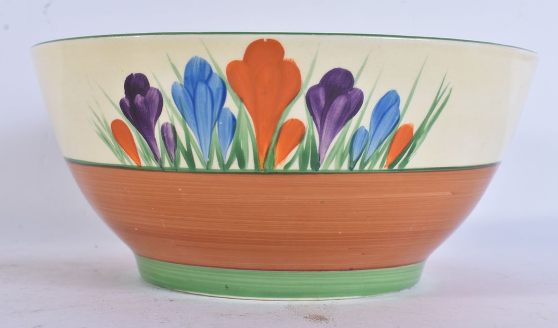 A CLARICE CLIFF CROCUS BOWL. 20.5 cm wide. (1 of 3)