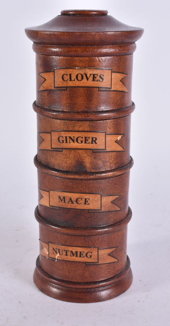 A TREEN WOOD SPICE TOWER. 21 cm high. (1 of 4)