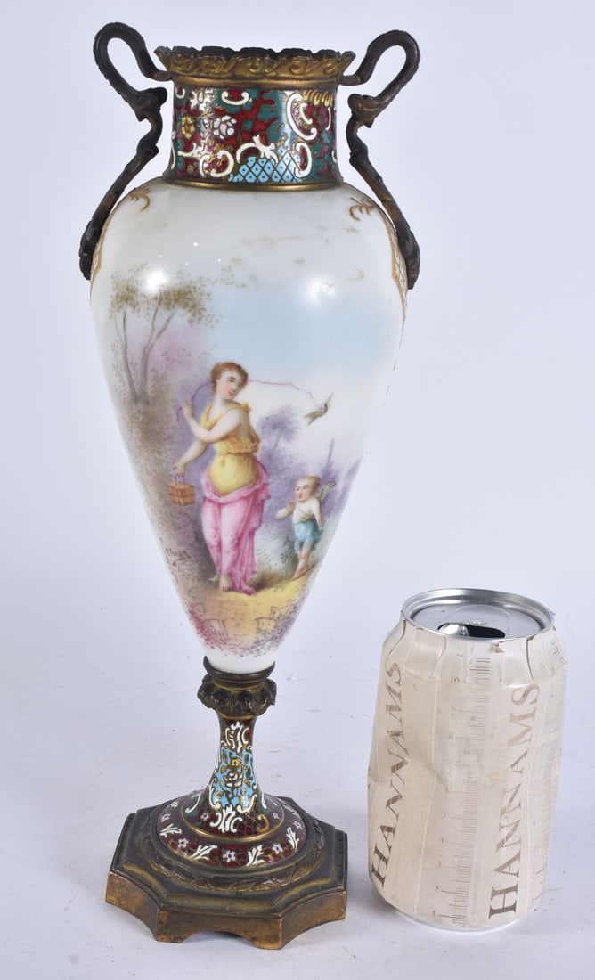 A LATE 19TH CENTURY FRENCH PORCELAIN AND CHAMPLEVE ENAMEL VASE. 30 cm high. (1 of 6)