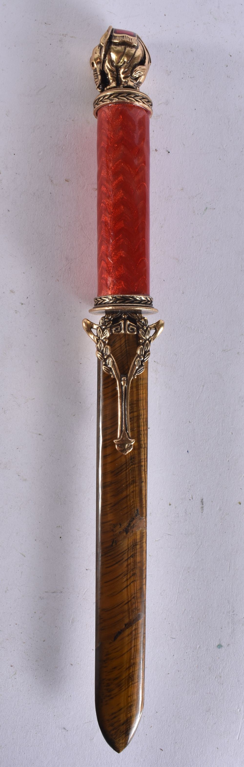 A CONTINENTAL SILVER ENAMEL AND TIGERS EYE LETTER OPENER. 21 cm long. (1 of 4)
