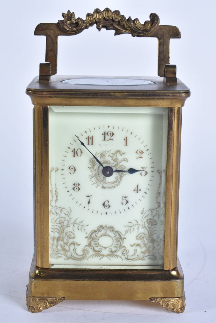 A PORCELAIN INSET CARRIAGE CLOCK. Running. 14 cm high inc handle. (1 of 7)