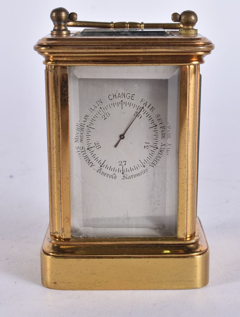AN UNUSUAL ANTIQUE MINIATURE BAROMETER formed as a carriage clock. 9 cm high inc handle.: AN UNUSUAL ANTIQUE MINIATURE BAROMETER formed as a carriage clock. 9 cm high inc handle.