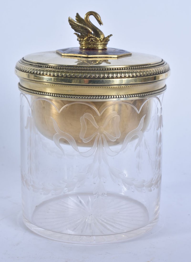 A CONTINENTAL SILVER GILT AND ENAMEL DRESSING TABLE JAR. Silver 256 grams. 13.75 cm high. (1 of 6)