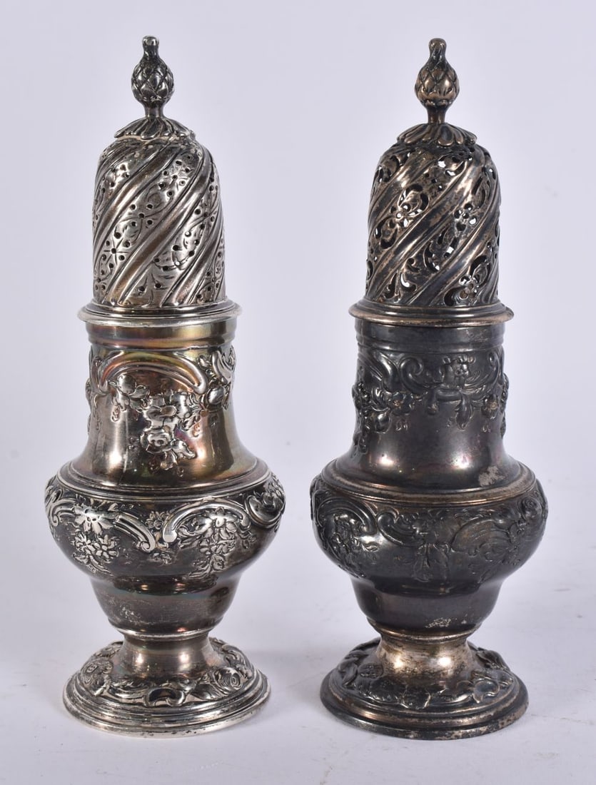 A PAIR OF GEORGE III SILVER SIFTERS. 373 grams. London 1760. 17 cm high. (1 of 5)
