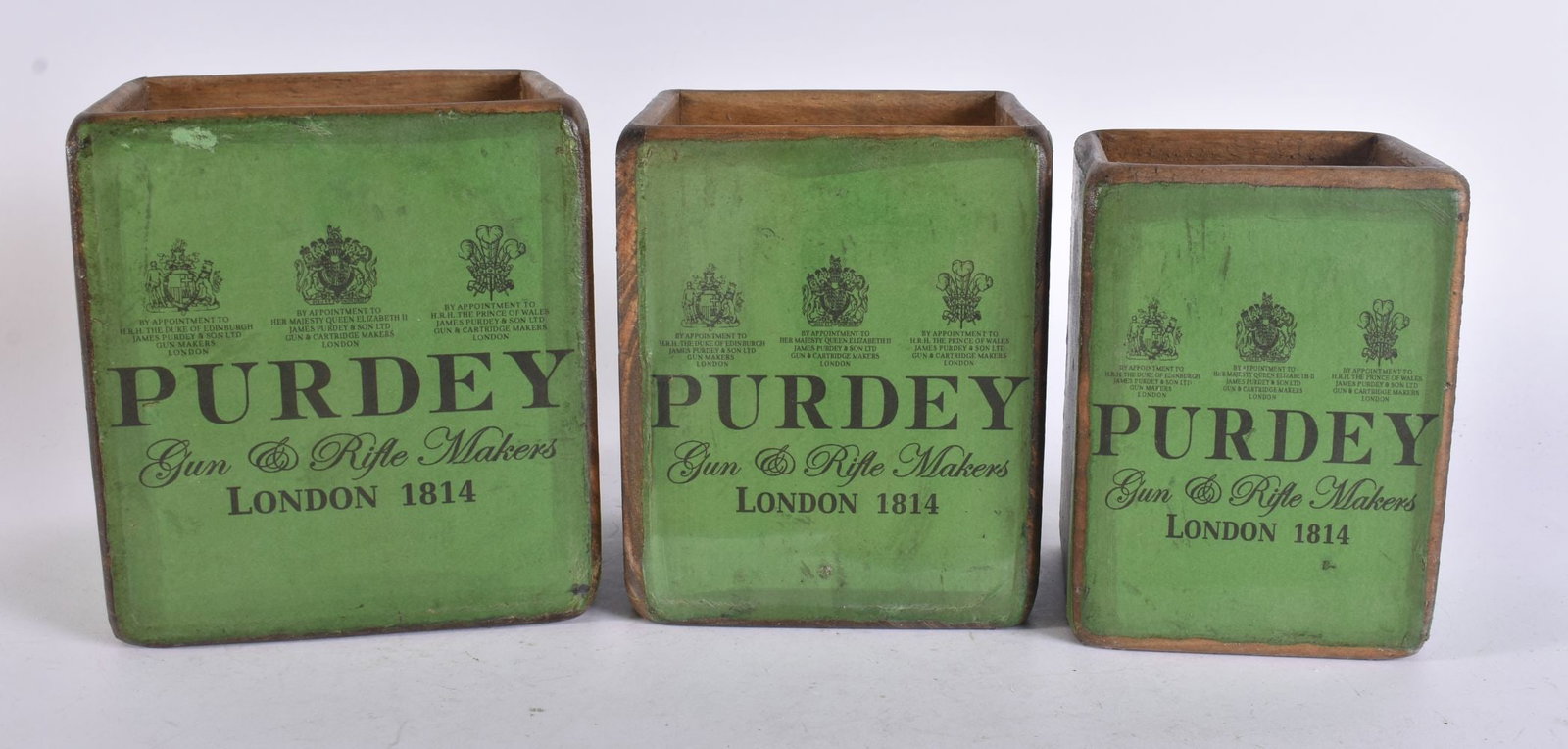 THREE PURDEY LONDON STACKING WOOD BOXES. 15 cm x 11 cm. (1 of 4)