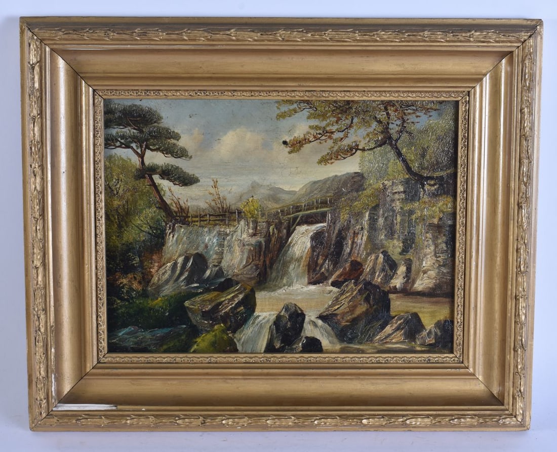 English School (Early 19th Century) Oil on canvas, Waterfall scene. 40 cm x 34 cm, image 28.5 cm x 2 (1 of 6)