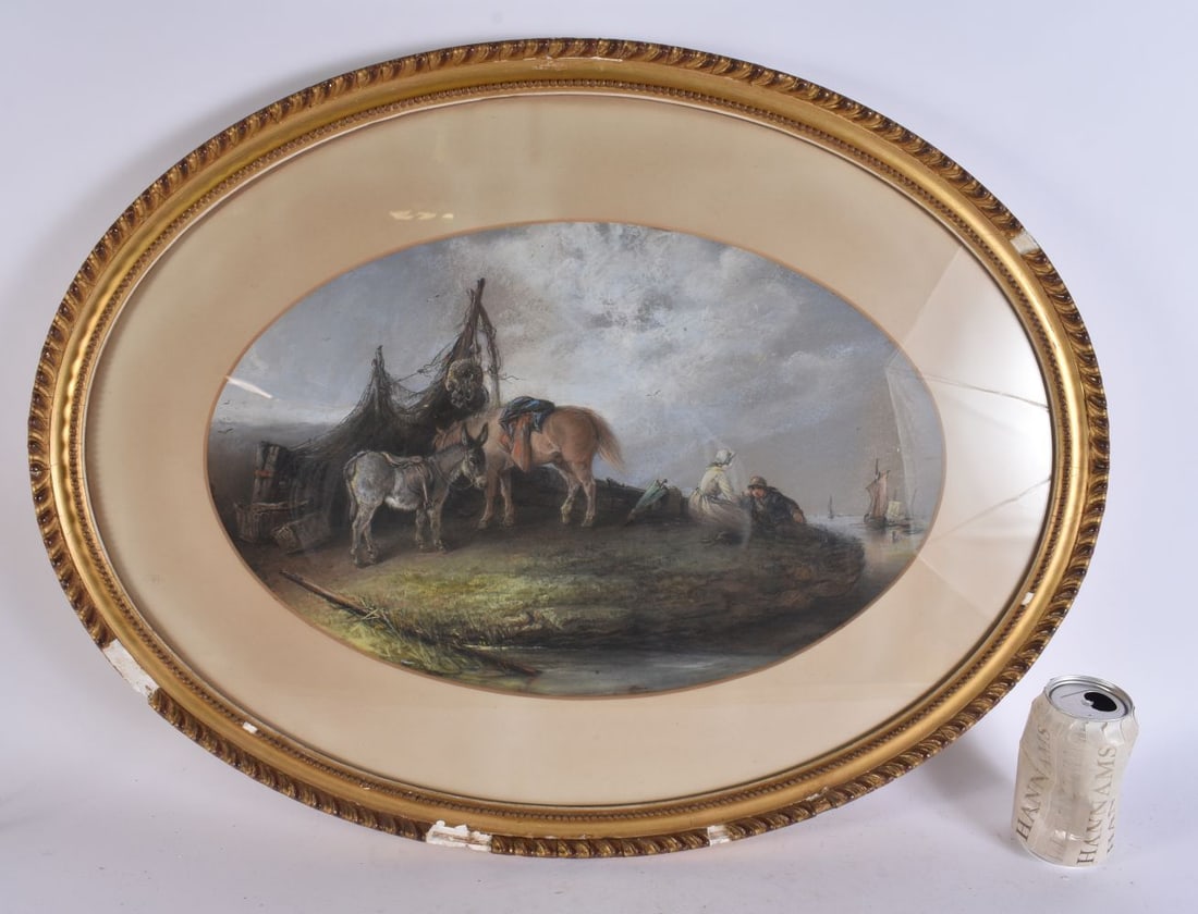 English School (19th Century) Gouache, Coastal scene with donkeys. 68 cm x 48 cm, image 44 cm x 30 c (1 of 6)