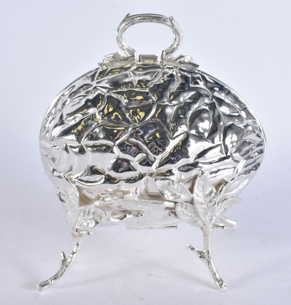 A SILVER PLATED WALNUT BISCUIT BARREL. 22 cm x 15 cm. (1 of 5)
