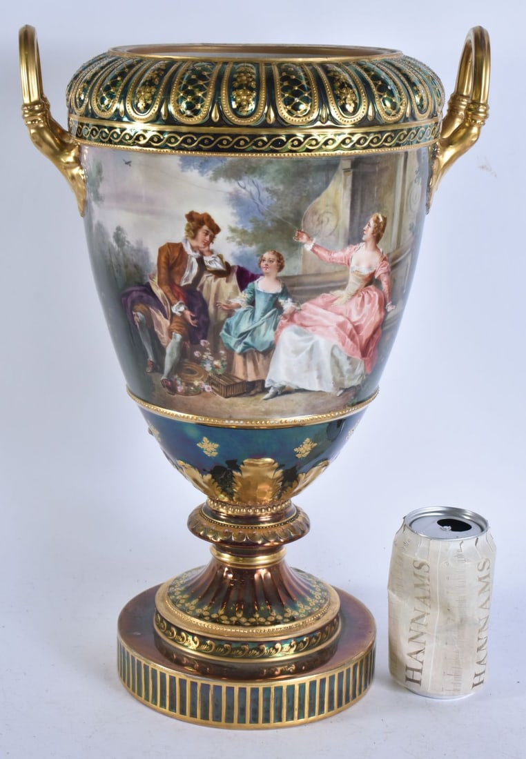 AN ANTIQUE GERMAN BERLIN PORCELAIN TWIN HANDLED VASE painted with figures. 42 cm x 22 cm. (1 of 6)