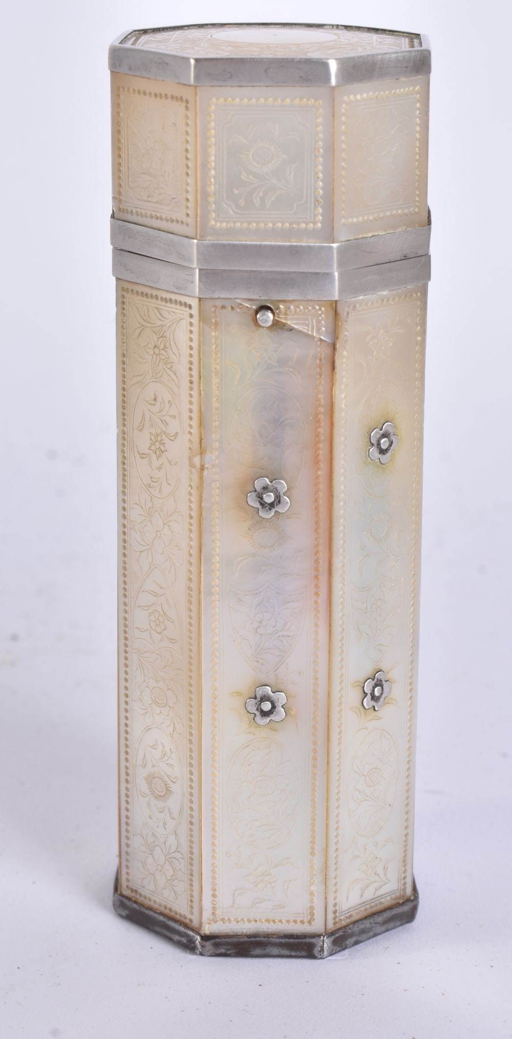 A 19TH CENTURY CONTINENTAL SILVER MOUNTED MOTHER OF PEARL BOX. 12 cm high. (1 of 5)