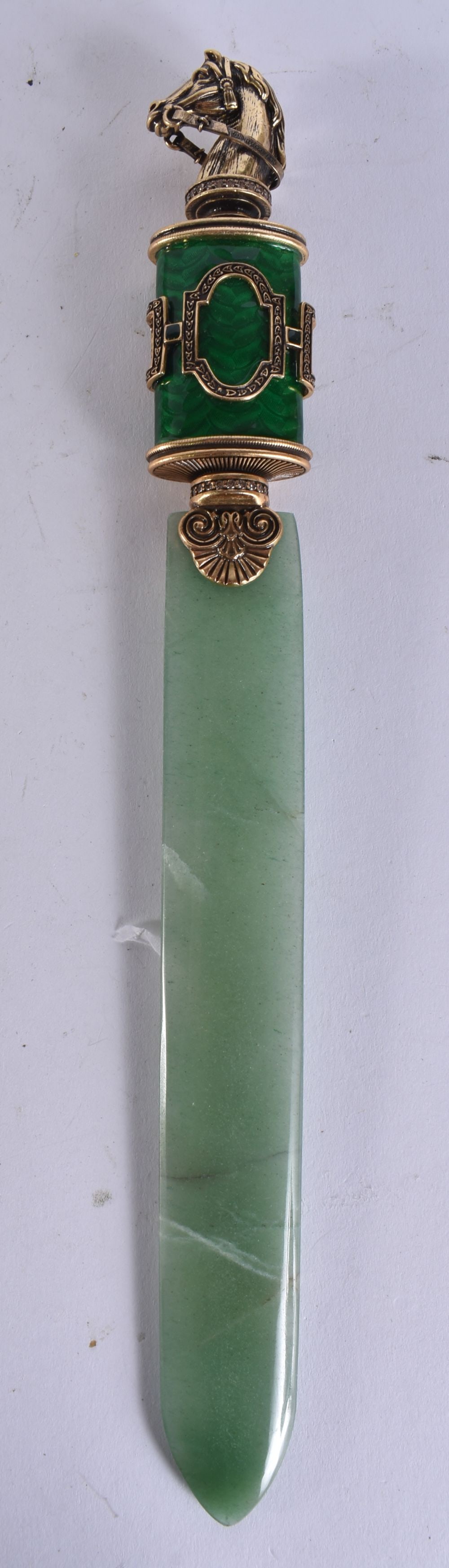 A CONTINENTAL SILVER GILT AND ENAMEL HORSE HEAD LETTER OPENER. 24 cm long. (1 of 5)