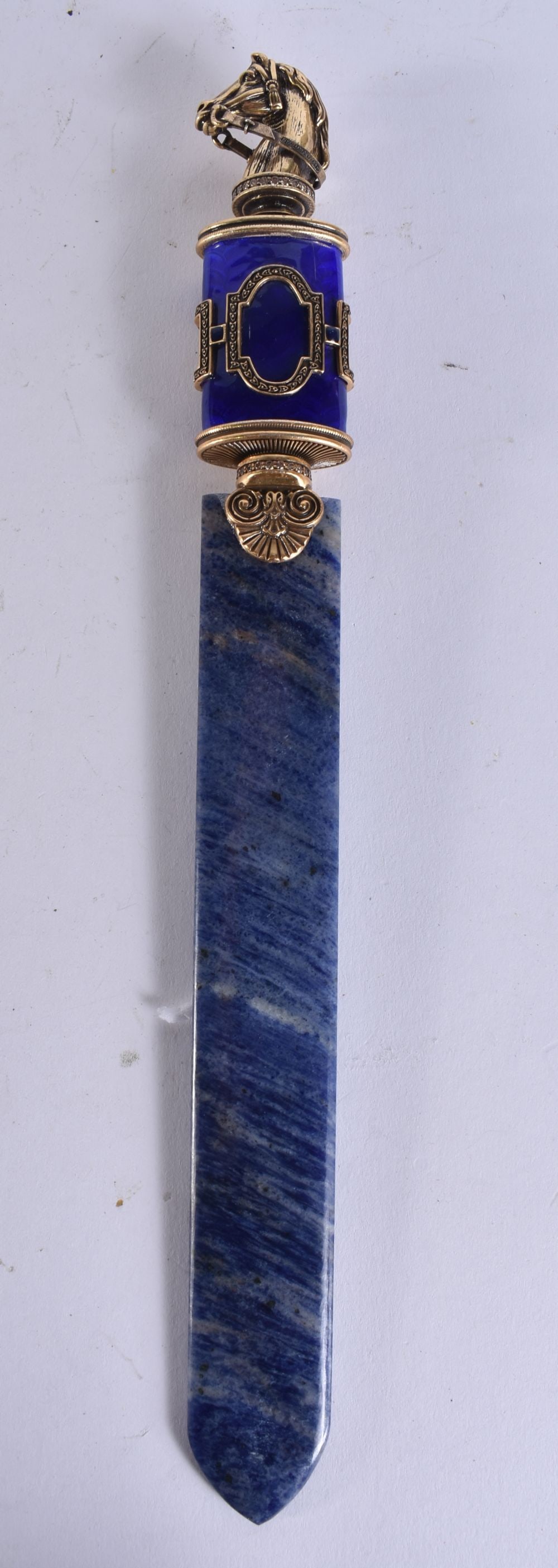A CONTINENTAL SILVER GILT AND ENAMEL HORSE HEAD LETTER OPENER. 24 cm long. (1 of 5)