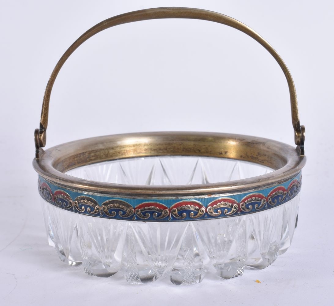 A RUSSIAN SILVER AND ENAMEL CUT GLASS BASKET. 12 cm x 12 cm.: A RUSSIAN SILVER AND ENAMEL CUT GLASS BASKET. 12 cm x 12 cm.