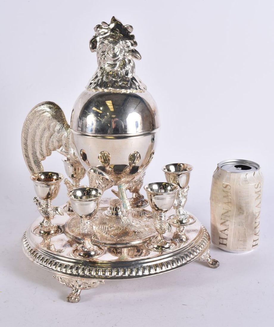 A SILVER PLATED FOWL EGG BOX WITH STAND. 32 cm x 20 cm. (1 of 6)