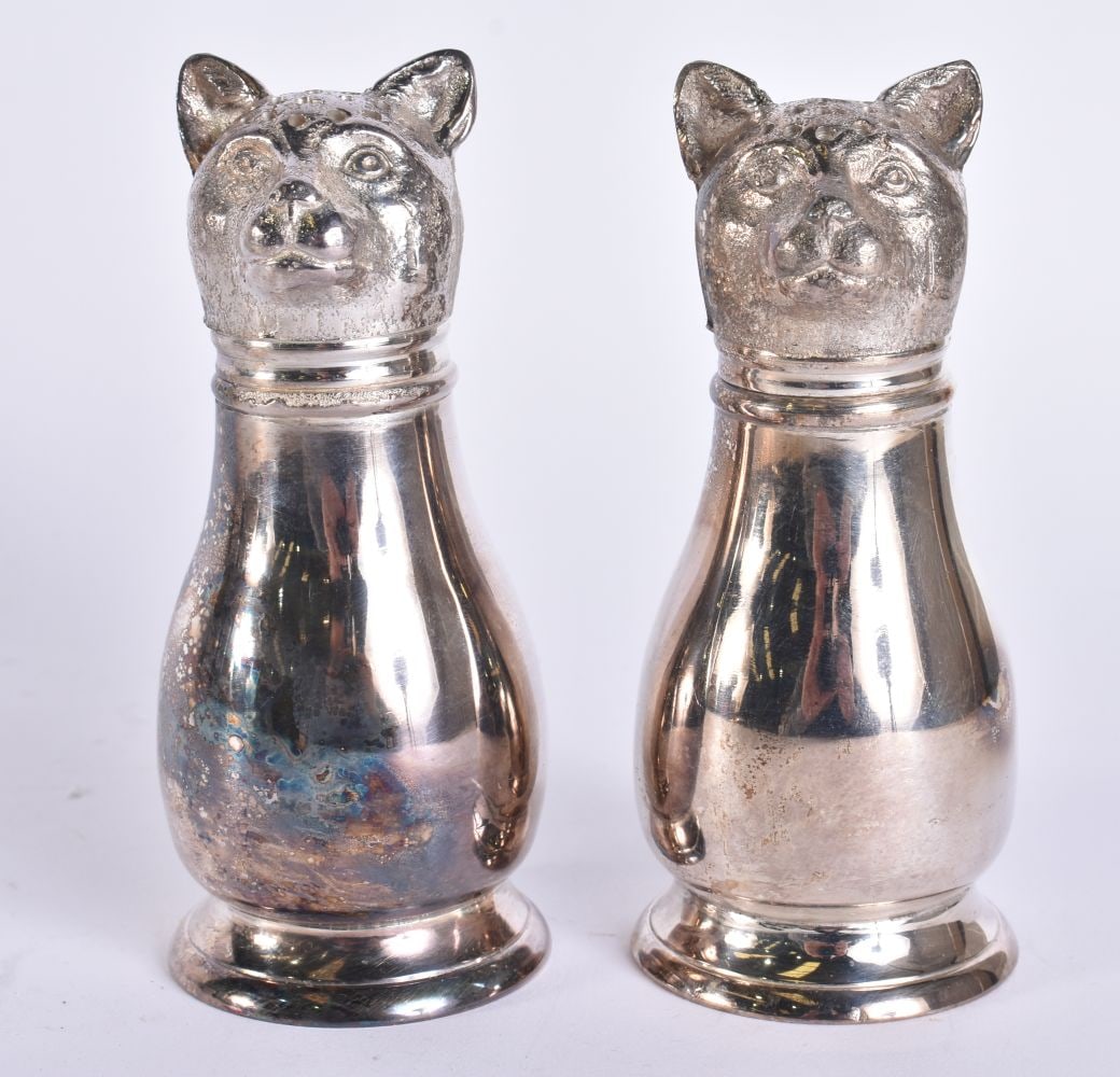 A PAIR OF SILVER PLATED CAT CONDIMENTS. 11.5 cm high. (1 of 4)