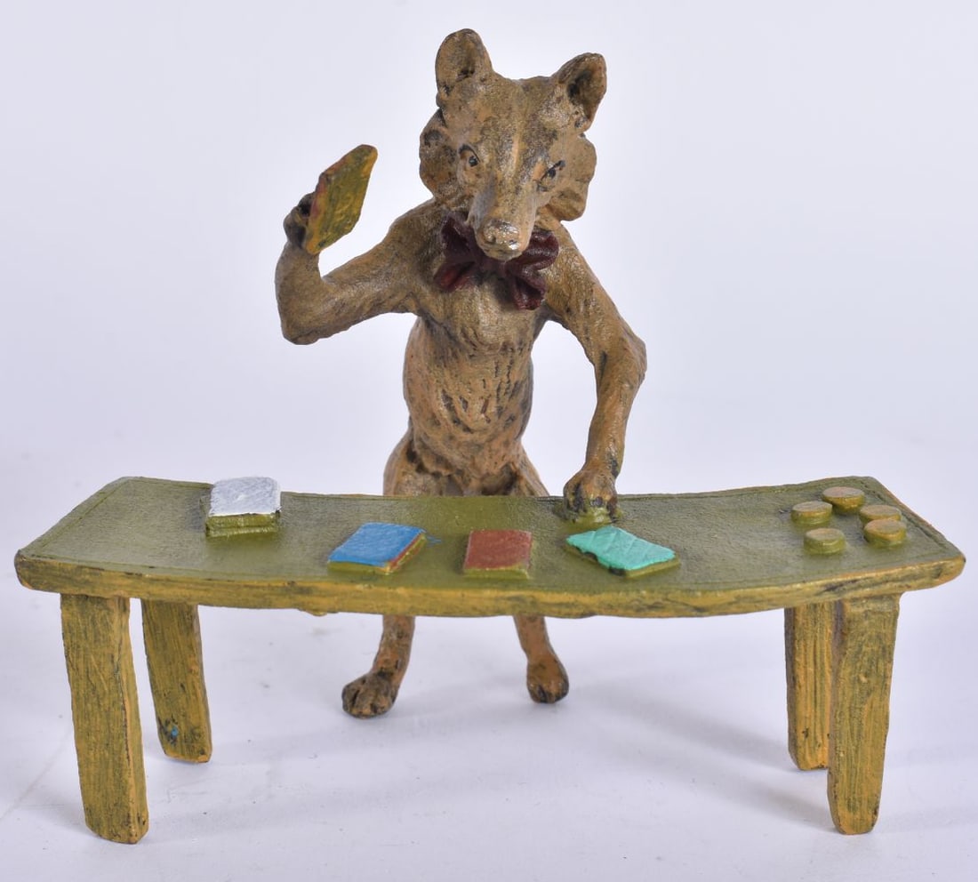 A COLD PAINTED BRONZE FOX CARD PLAYER. 9.5 cm wide. (1 of 4)