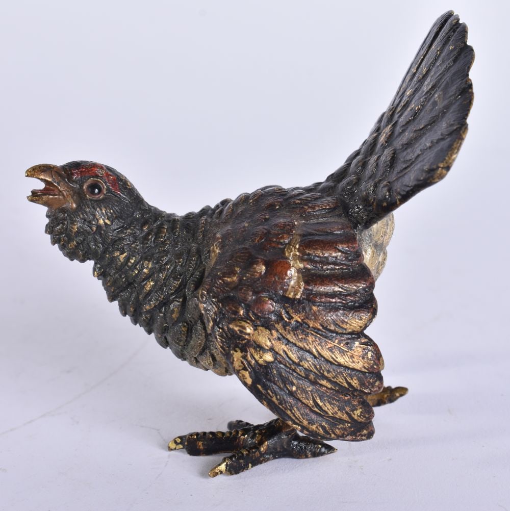 AN ANTIQUE COLD PAINTED BRONZE GAME BIRD. 9.5 cm x 5.5 cm. (1 of 5)