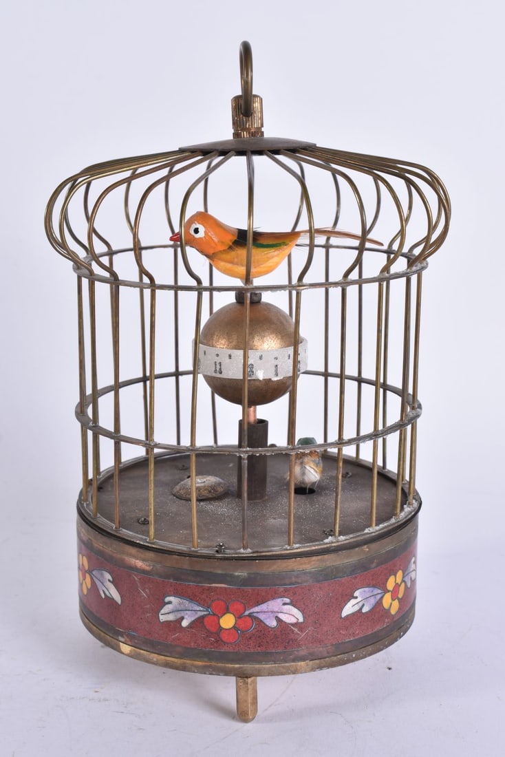 A CLOISONNE ENAMEL BIRD CAGE CLOCK. 21 cm high. (1 of 4)
