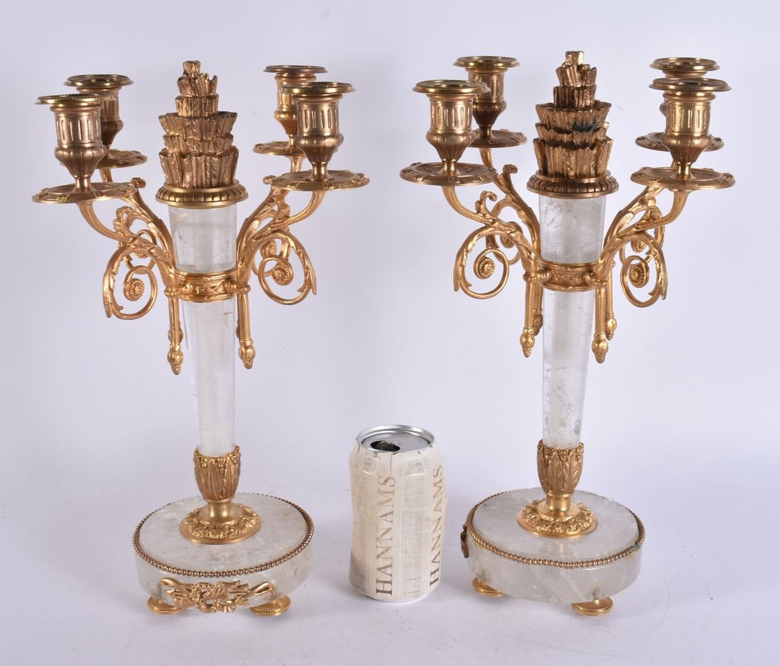 A PAIR OF CONTINENTAL BRONZE AND ROCK CRYSTAL CANDLESTICKS. 36 cm x 15 cm. (1 of 6)