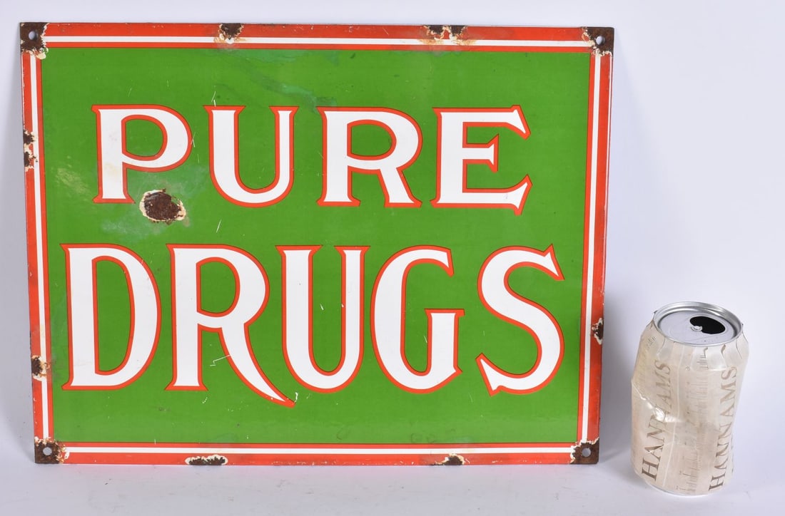 AN ENAMEL PURE DRUGS SIGN. 38 cm x 18 cm. (1 of 3)