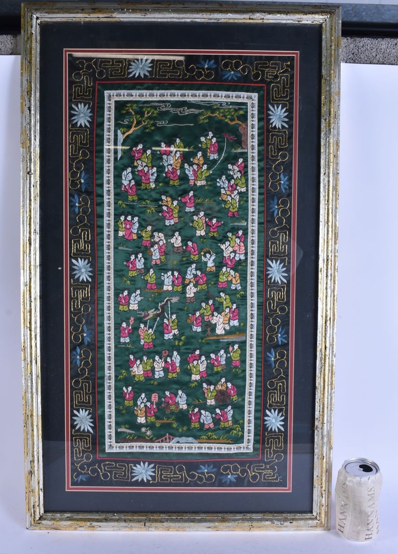 A CHINESE SILK 100 BOYS EMBROIDERED PANEL. 80 cm x 50 cm.: A CHINESE SILK 100 BOYS EMBROIDERED PANEL. 80 cm x 50 cm.