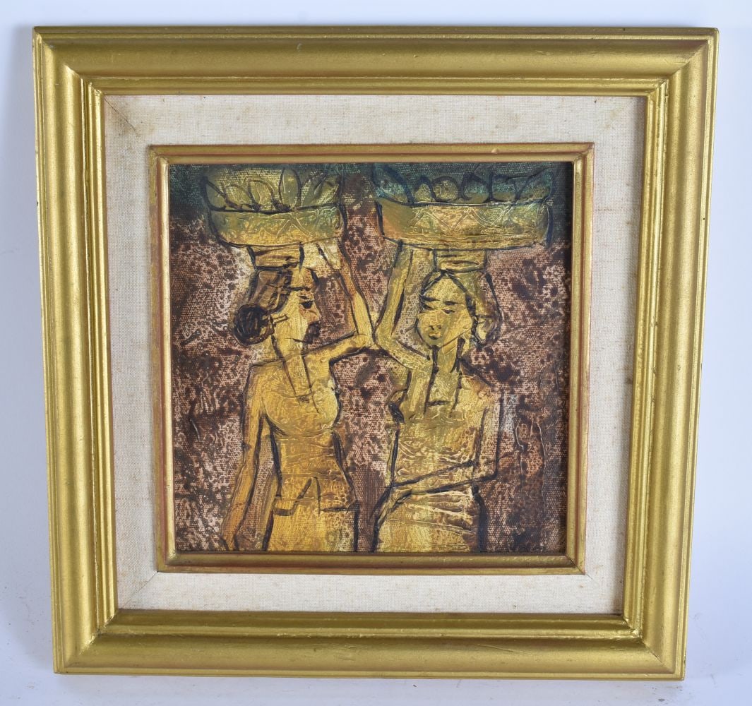 European School (20th Century, Oil on canvas, Tribal figures. 28 cm square, image 18 cm square. (1 of 5)