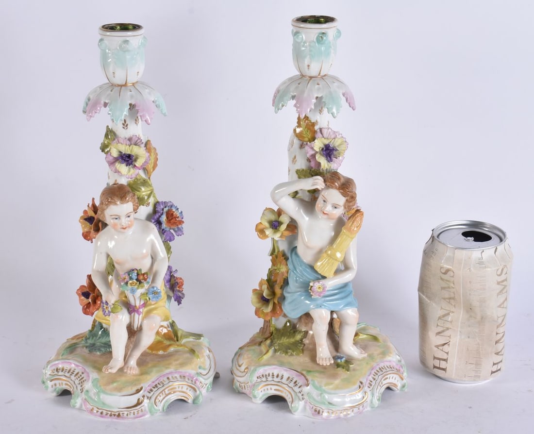 A PAIR OF GERMAN PORCELAIN FIGURAL CANDLESTICKS. 28.5 cm high. (1 of 5)