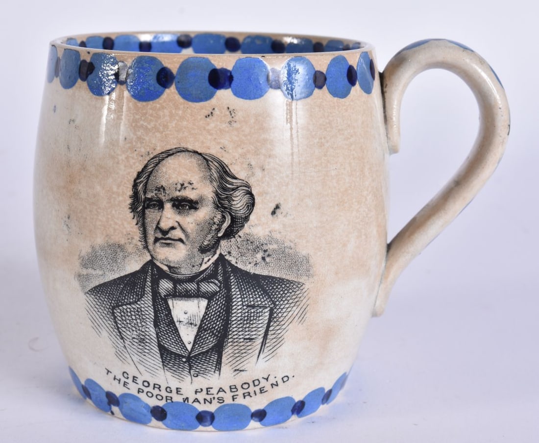 AN ANTIQUE GEORGE PEABODY MUG. 9 cm wide. (1 of 6)