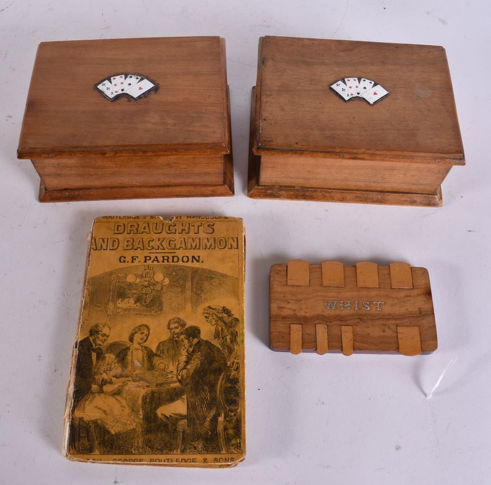 ASSORTED ANTIQUE ENAMEL TOPPED GAMING BOXES etc. (qty) (1 of 7)