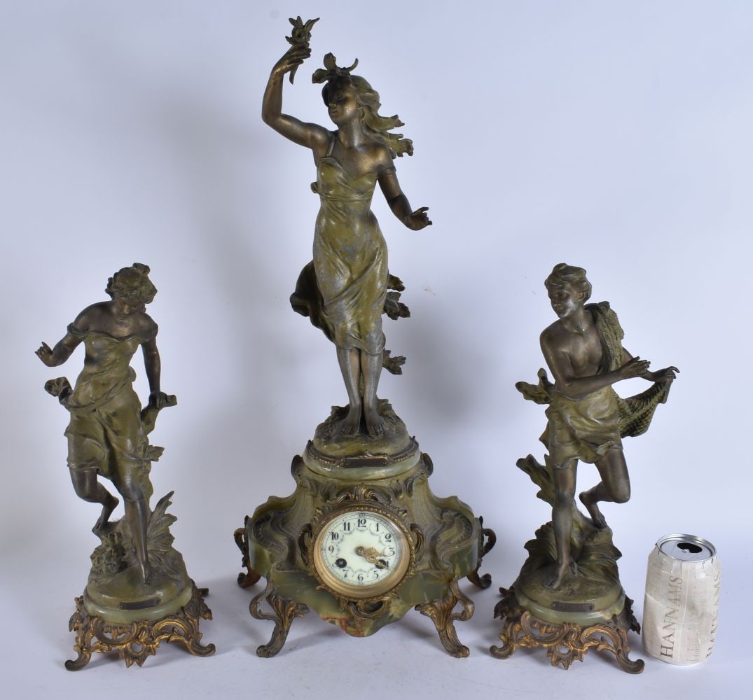 AN ANTIQUE FRENCH SPELTER AND ONYX CLOCK SET. Largest 54 cm high. (3) (1 of 7)