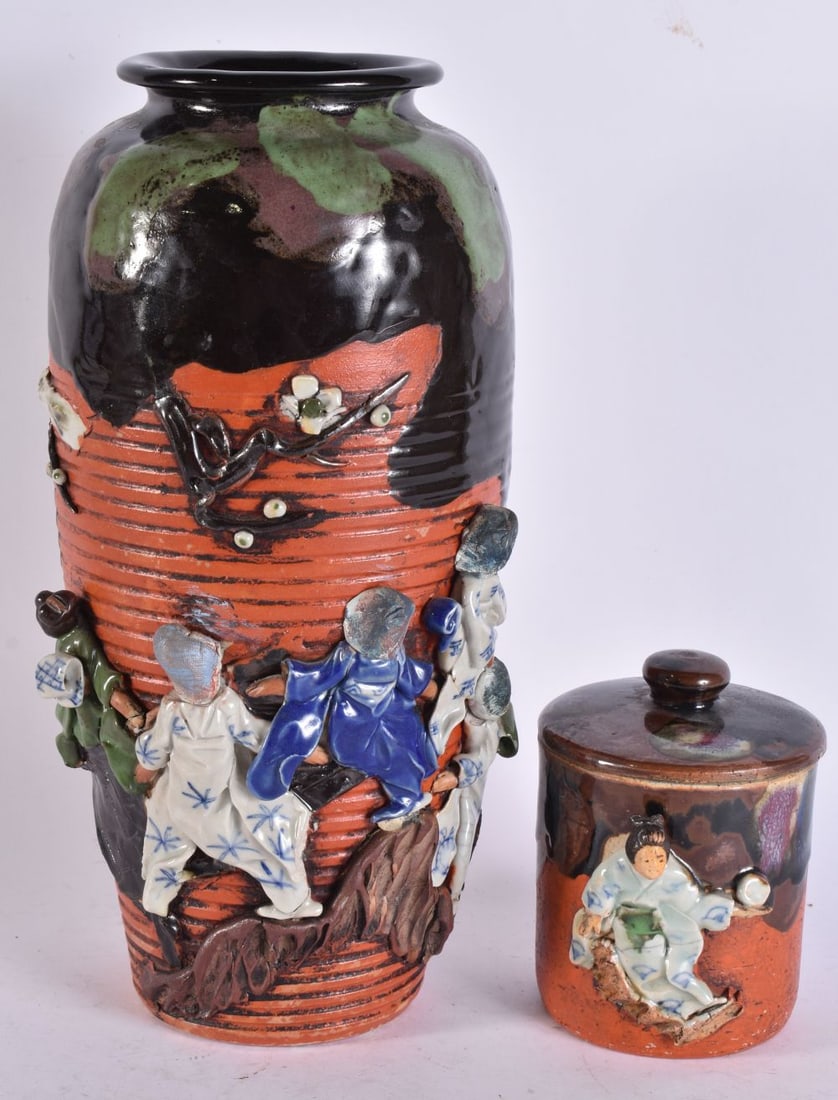 A JAPANESE SUMIDA GAWA POO WARE VASE together with a smaller jar. Largest 31.5 cm high. (2) (1 of 6)