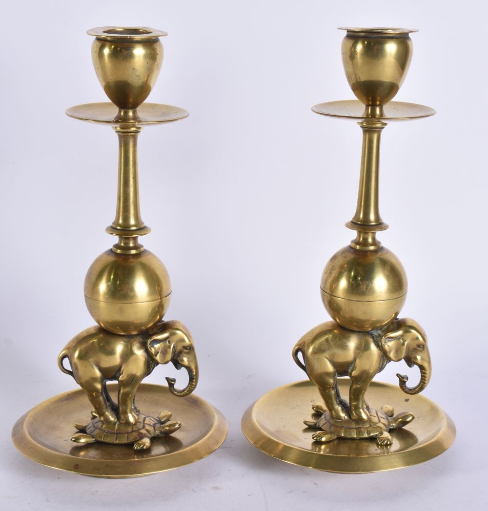 A PAIR OF ANTIQUE BRASS ACROBAT ELEPHANT CANDLESTICKS. 21 cm high. (1 of 5)