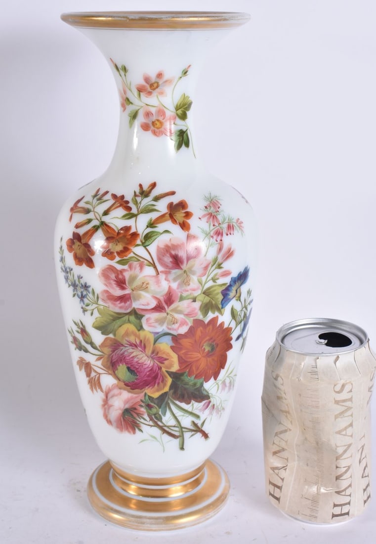 A VICTORIAN OPALINE GLASS ENAMELLED FLOWER VASE. 30 cm high. (1 of 5)