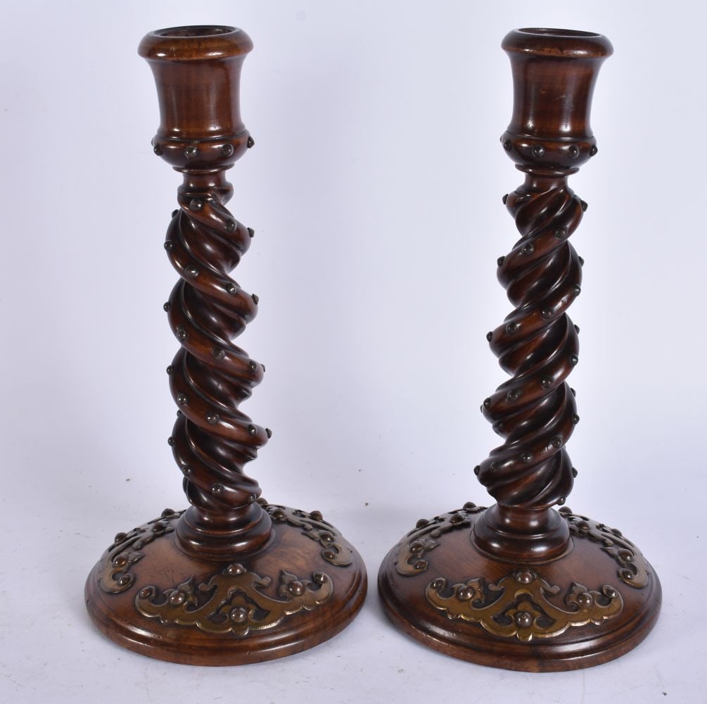 A PAIR OF VICTORIAN GOTHIC CARVED WOOD CANDLESTICKS. 24 cm high. (1 of 6)