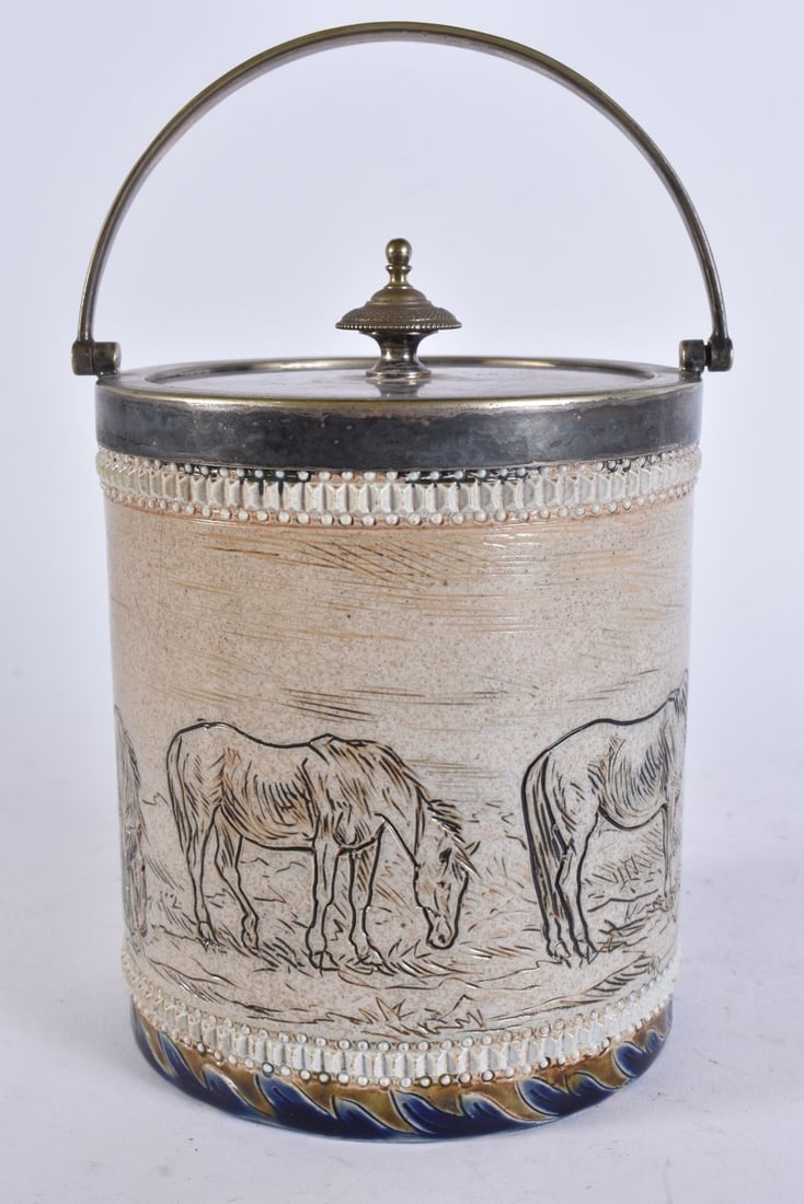 AN ANTIQUE DOULTON HANNAH BARLOW BISCUIT BARREL AND COVER. 21 cm high inc handle. (1 of 5)