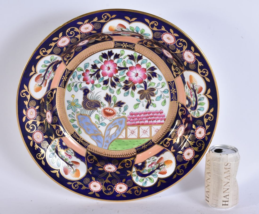 A LARGE SPODE COPELANDS DEEP DISH painted with flowers. 38 cm diameter. (1 of 6)