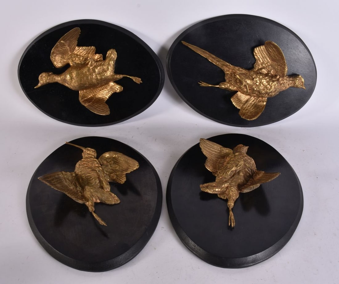 A SET OF FOUR VICTORIAN HUNTING LODGE GILT BRONZE DEAD GAME PLAQUES. 32 cm x 20 cm. (4) (1 of 7)