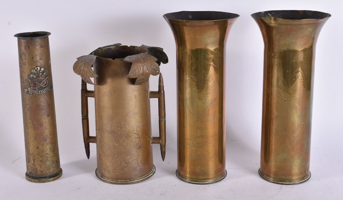 WW1 Trench Art Collection Inc 1914 -16 RM Artillery Vase Pair & 1916 France Vase. Largest 26 cm high (1 of 6)
