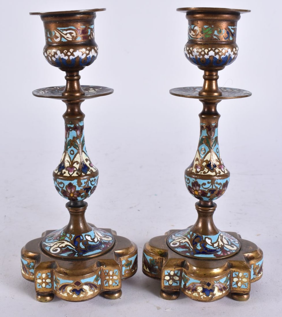 A PAIR OF 19TH CENTURY FRENCH CHAMPLEVE ENAMEL BRONZE CANDLESTICKS. 16 cm high. (1 of 7)