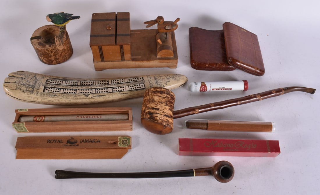 A REPRODUCTION SCRIMSHAW together with smoking ephemera. (qty) (1 of 3)