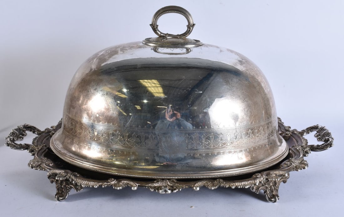 AN ANTIQUE SILVER PLATED TRAY together with a dome. Largest 78 cm x 44 cm. (2) (1 of 6)